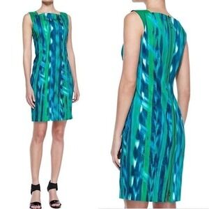 Elie Tahari Green Printed Leather Trim Sleeveless Dress Size 4